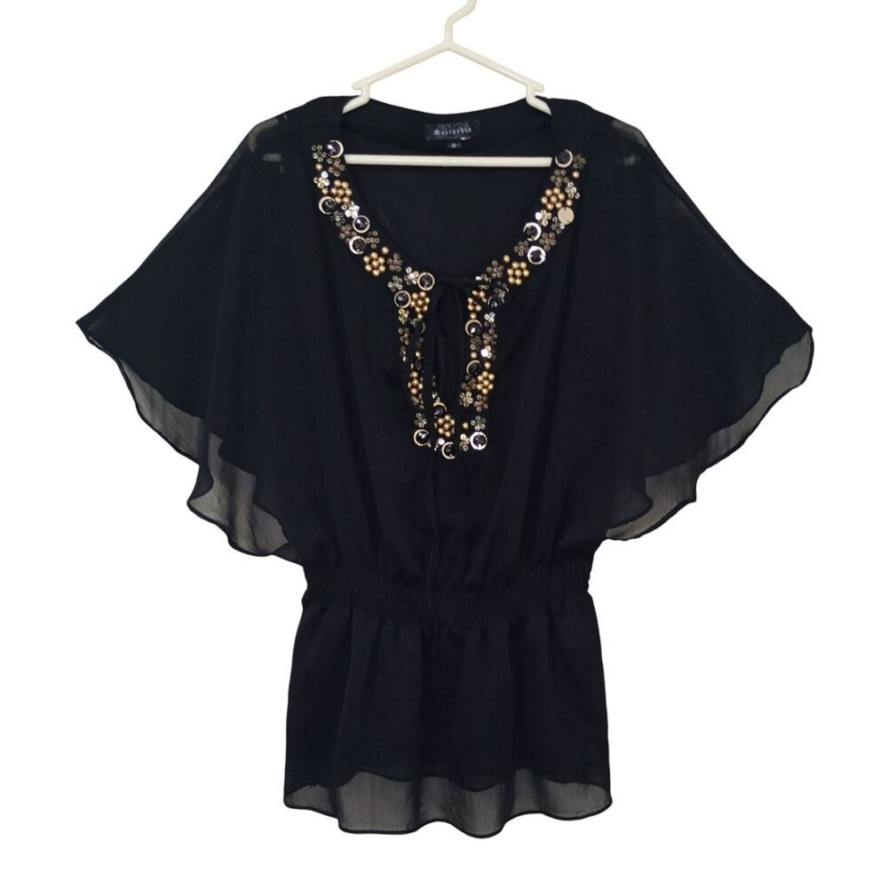 Marineblu Blouse Tunic Preppy Bohemia Black Chiffon Embellished Size M Womens